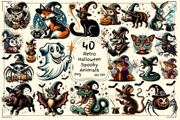 40 Retro Halloween Spooky Animals: Vintage Clipart for Modern Design