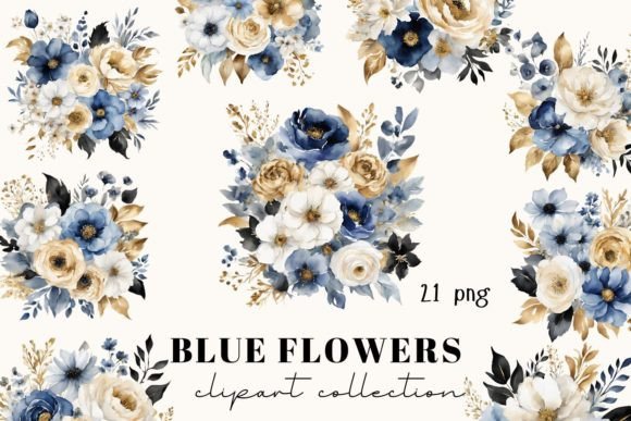 Blue Gold Flowers: Elevate Designs with Watercolor Clipart