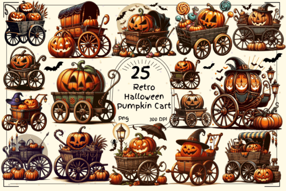 Timeless Charm: Retro Halloween Pumpkin Cart Clipart for Designers